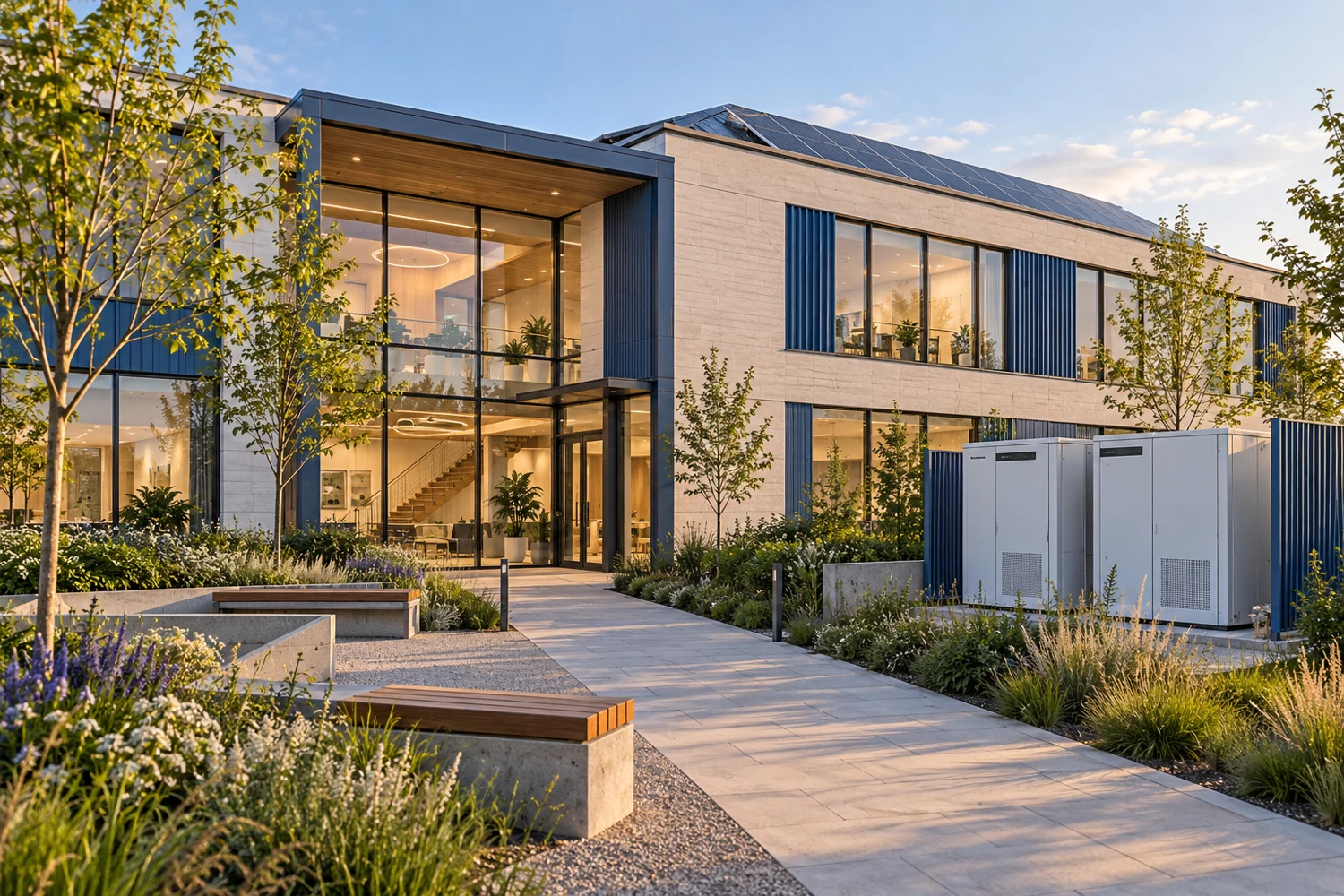 Architectural illustration of a welcoming energy-efficient building with rooftop solar, battery storage and landscaped gardens