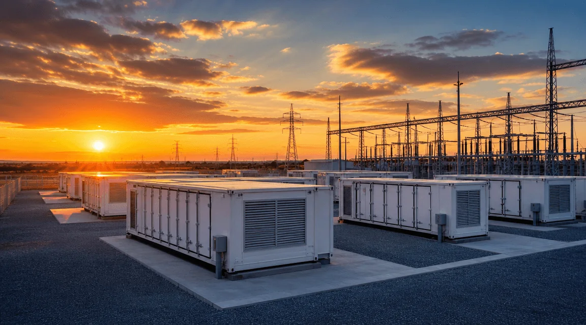 Battery storage containers beside an electricity substation