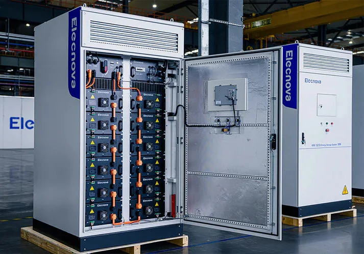 Battery cabinet showing its modules and electrical equipment
