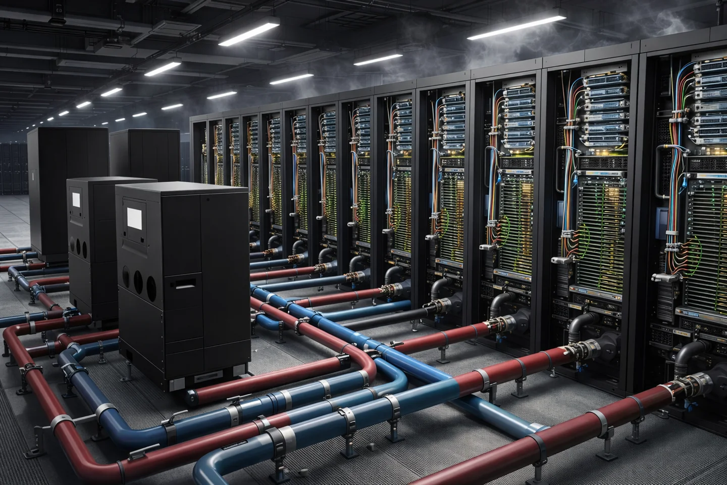 Server racks with liquid cooling pipework
