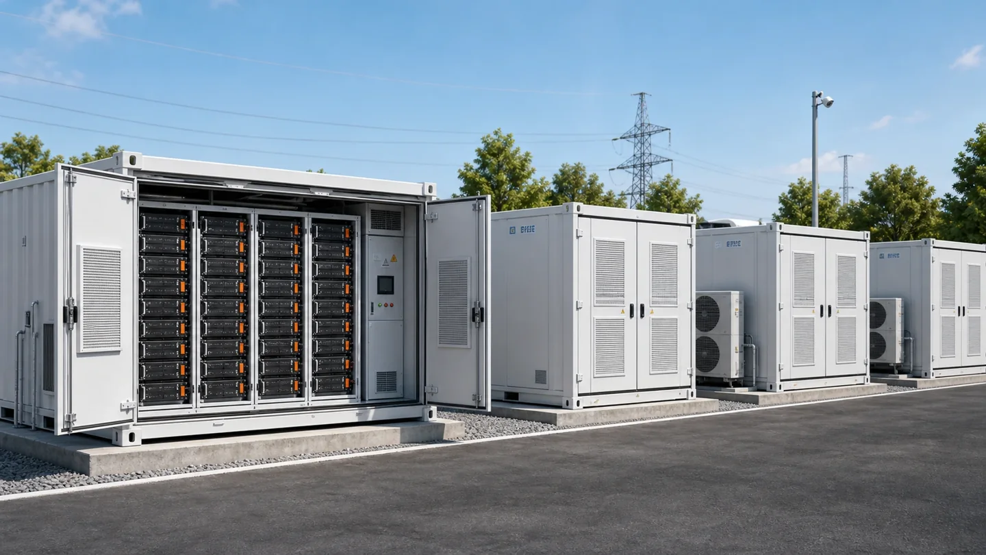 Containerised battery storage with open equipment bays